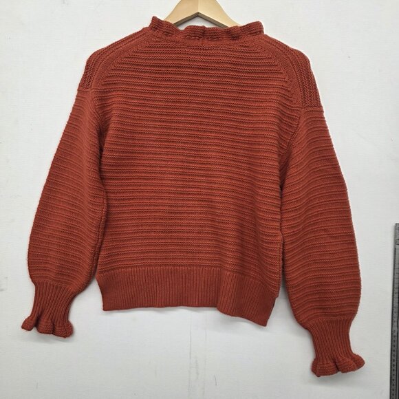 MADEWELL Ruffle-Neck Pullover Sweater Orange Cotton-Merino Yarn Size Small - Picture 2 of 11
